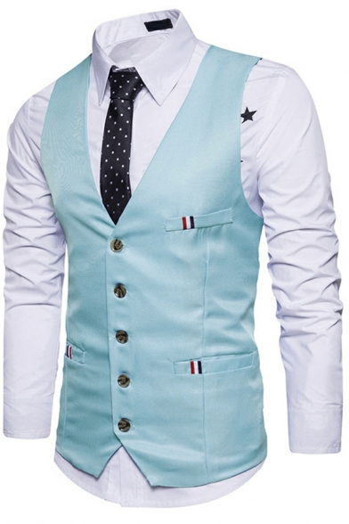Men Casual Suit Vest Plain V-Neck Single Breasted Front Pocket Suit Vest