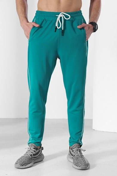 Men Street Style Men Pants Contrast Line Pocket Regular Fit Long Length Drawstring Pants