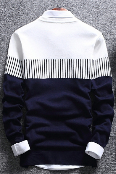 Men Urban Sweater Contrast Line Print Round Neck Ribbed Trim Sweater