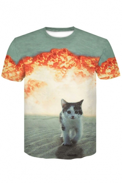 Mens Vintage T-Shirt 3D Cat Pattern Crew Collar Short Sleeves Regular T-Shirt