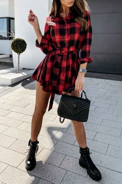 Modern Dress Checked Print Long-sleeved Turn-down Collar Lace-up Shirt Dress for Girls