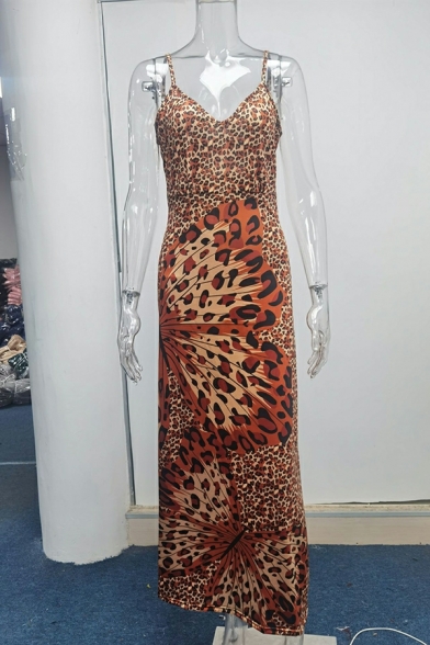 Popular Women's Dress Leopard Butterfly Pattern Maxi Length Spaghetti Straps Dress