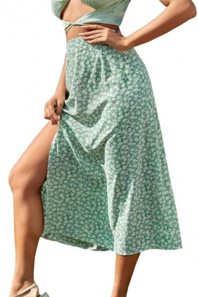 Popular Women's Skirts Floral Pattern Slit High Waist Midi A-line Skirts