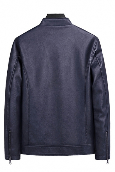 Urban Mens Jacket Solid Pocket Stand Collar Long Sleeve Regular Zip down Leather Jacket