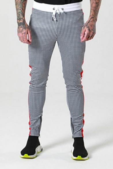 Chic Pants Checked Printed Mid Rise Drawcord Elastic Waist Skinny Pants for Men