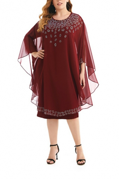 Cozy Dress Diamond Print Crew Collar 3/4 Length Sleeve Chiffon Shawl Midi Dress for Girls