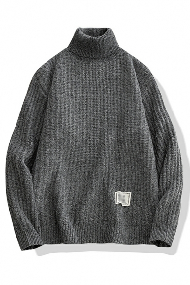 Elegant Sweater Plain High Collar Ribbed Trim Sweater for Men