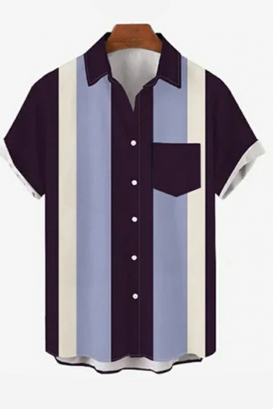 Guys Boyish Shirt Tropical Print Pocket Spread Collar Short Sleeves Fitted Button-up Shirt