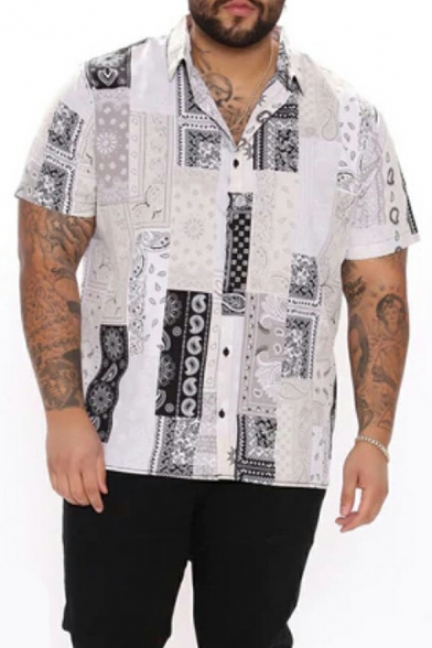 Guys Street Look Shirt Tribal Print Short Sleeve Turn-down Collar Regular Button Up Shirt