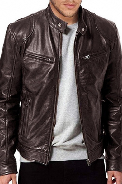 Men Boyish Leather Jacket Solid Color Stand Collar Full-Zip Leather Jacket