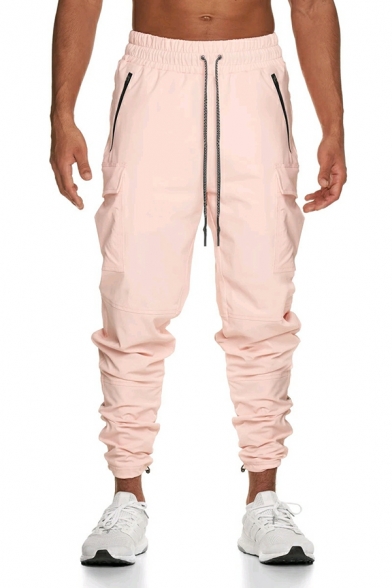 Men Leisure Pants Solid Color Elastic Waist Flap Pocket Cargo Pants