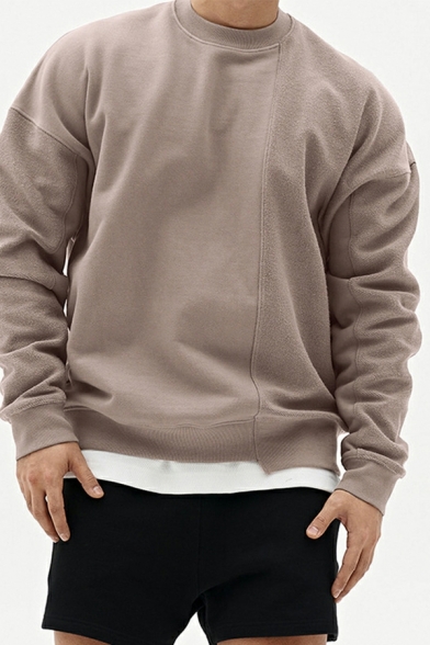 Men Stylish Sweatshirt Solid Color Round Neck Rib Cuffs Sweatshirt