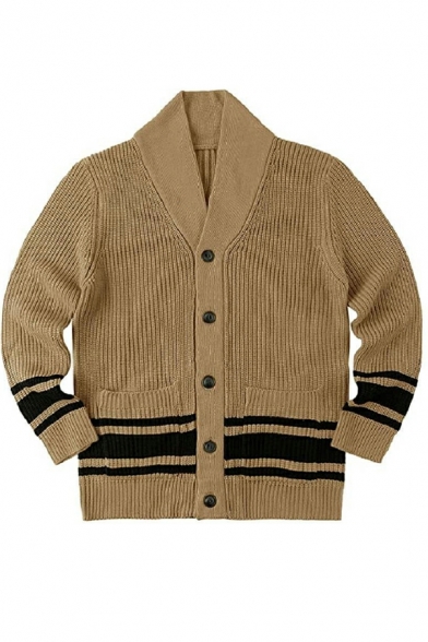 Men Vintage Cardigan Stripe Printed Shawl Collar Button Closure Front Pocket Cardigan