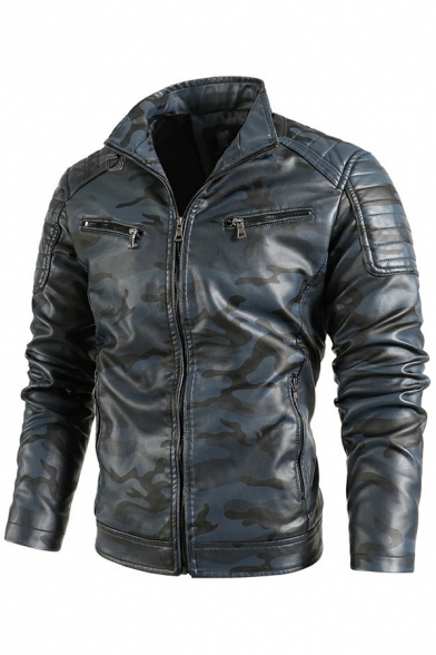Mens Vintage Jacket Camouflage Print Slim Spread Collar Long Sleeves Zipper Leather Jacket