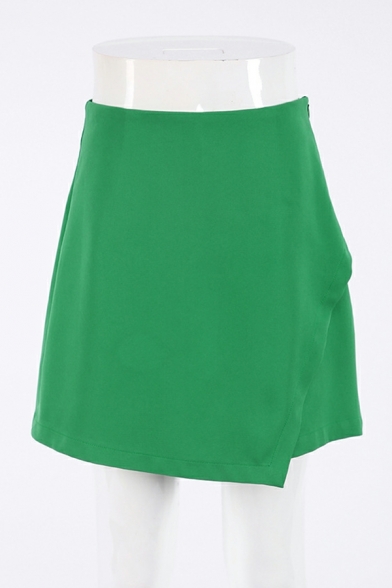 Modern Women Shorts Pure Color High Rise Elastic Waist Irregular Shorts