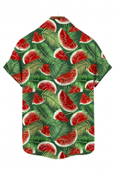 Retro Shirt Fruit Print Spread Collar Short-Sleeved Loose Fit Button down Shirt for Guys