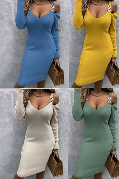 Street Look Dress Plain Mini V Neck Skinny Long-sleeved Hollow Out Dress for Women