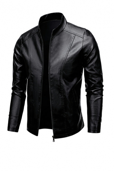 Trendy Jacket Solid Stand Collar Long Sleeve Skinny Zip Placket Leather Jacket for Guys