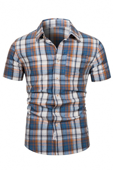 Trendy Shirt Checked Print Turn-down Collar Pocket Slimming Short-Sleeved Button Up Shirt