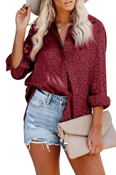Unique Womens Shirt Leopard Printed Turn-Down Collar Long Sleeve Button Fly Shirt