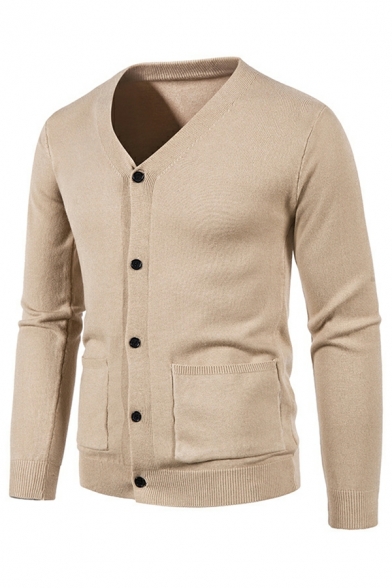 Dashing Cardigan Plain V-Neck Front Pocket Button down Ribbed Trim Cardigan for Men