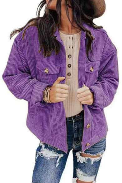 Elegant Girls Jacket Pure Color Pocket Long Sleeve Spread Collar Button Placket Jacket