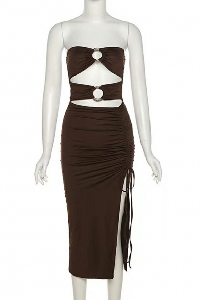 Fancy Dress Plain Off The Shoulder Split Sleeveless Ruched Design Maxi Dress for Ladies