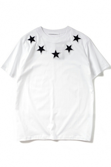 Fashion Men Tee Shirt Star Pattern Crew Neck Short Sleeves Relaxed Tee Top