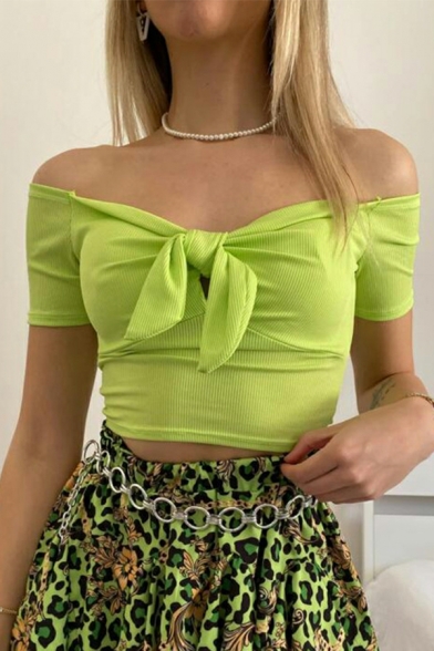 Fashionable T-Shirt Solid Color Off Shoulder Bow-Tied T-Shirt for Women