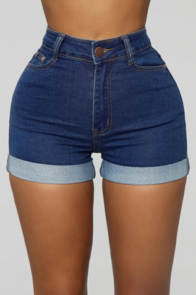 Girlish Women Shorts Solid Pocket Designed Mid Waist Zip Placket Turn up Denim Shorts