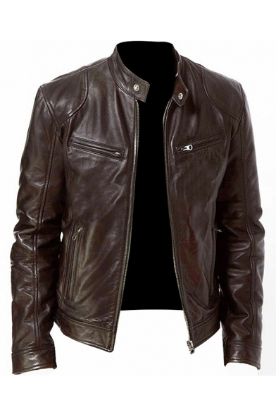 Men Boyish Leather Jacket Solid Color Stand Collar Full-Zip Leather Jacket