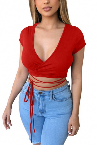 Modern T-Shirt Solid Color V-Neck Lace Up Short-Sleeved T-Shirt for Women