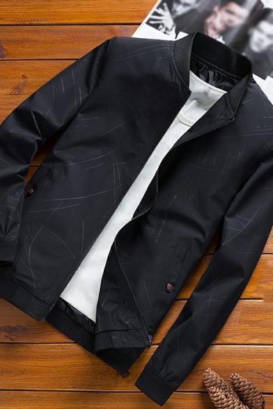 Retro Men Coat Plain Stand Collar Pocket Long Sleeves Regular Zip down Baseball Coat