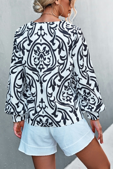 Retro Women Blouse Contrast Floral Print V-Neck Long Puff Sleeve Blouse