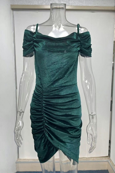 Sexy Women's Dress Plain Irregular Hem Spaghetti Straps Ruched Detail Short Sleeve Dress