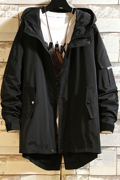 Simple Jacket Solid Color Pocket Loose Fit Irregular Hem Hooded Trench Coat for Men