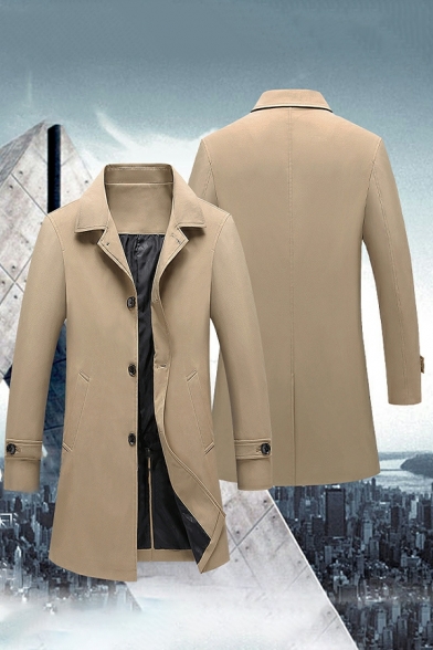 Unique Coat Pure Color Front Pocket Notched Collar Regular Button Fly Trench Coat for Men