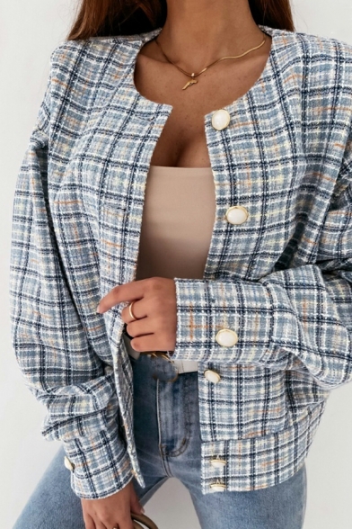 Boyish Casual Jacket Checked Pattern Round Neck Button down Casual Jacket for Women