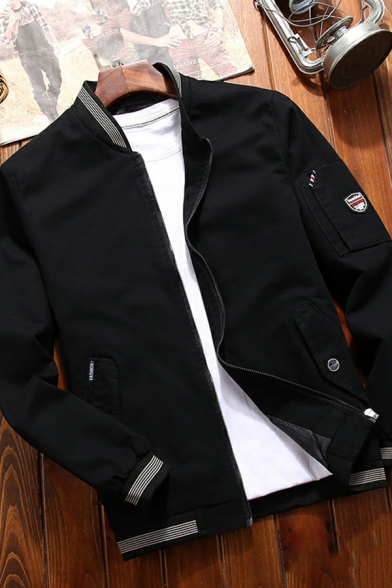 Fancy Men Coat Contrast Line Pocket Stand Collar Regular Zip Closure Baseball Coat