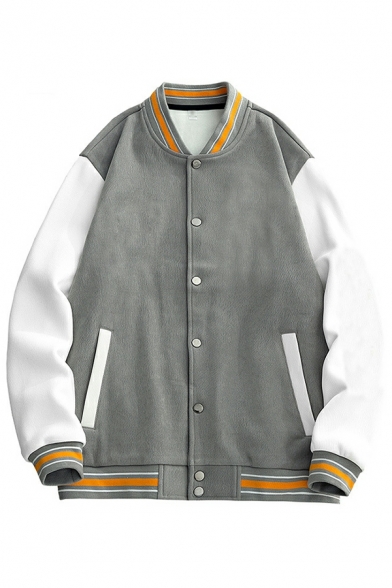 Fashionable Guy's Jacket Striped Print Stand Collar Loose Fit Button Up Baseball Jacket