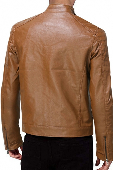 Freestyle Leather Jacket Solid Color Stand Collar Full-Zip Leather Jacket for Men