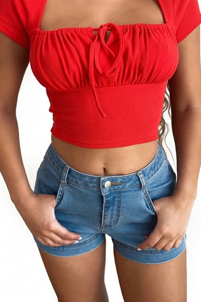 Girlish Women Denim Shorts Cherry Pattern Pocket Detail Zipper Mid Waist Shorts