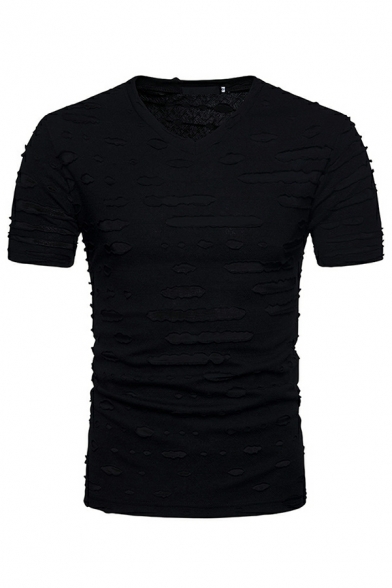 Guy's Fashion T-shirt Solid Color V Neck Short Sleeves Ripped Detail Slimming Tee Shirt
