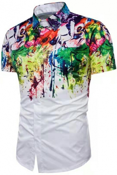 Guys Popular Shirt Painting Print Short Sleeve Slimming Turn-down Collar Button Fly Shirt