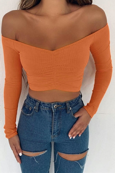 Ladies Simple Tee Shirt Solid Color Ruched Long-Sleeved off The Shoulder Cropped T-shirt