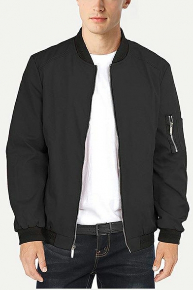 Men Dashing Coat Contrast Trim Pocket Regular Stand Collar Zip Fly Baseball Jacket