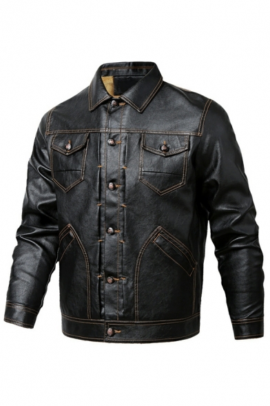 Men Freestyle Leather Jacket Plain Point Collar Button down Leather Jacket