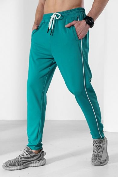 Men Street Style Men Pants Contrast Line Pocket Regular Fit Long Length Drawstring Pants