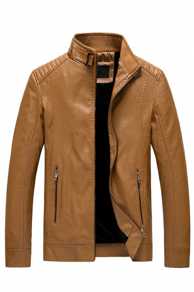 Men Vintage Leather Jacket Solid Color Stand Collar Full-Zip Leather Jacket