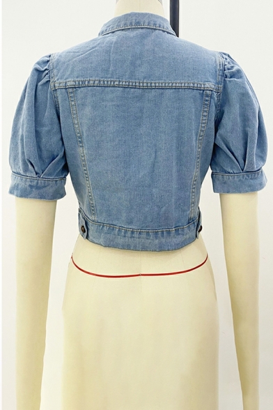 Modern Ladies Jacket Pure Color Pocket Half Sleeve Slim Spread Collar Cropped Denim Jacket